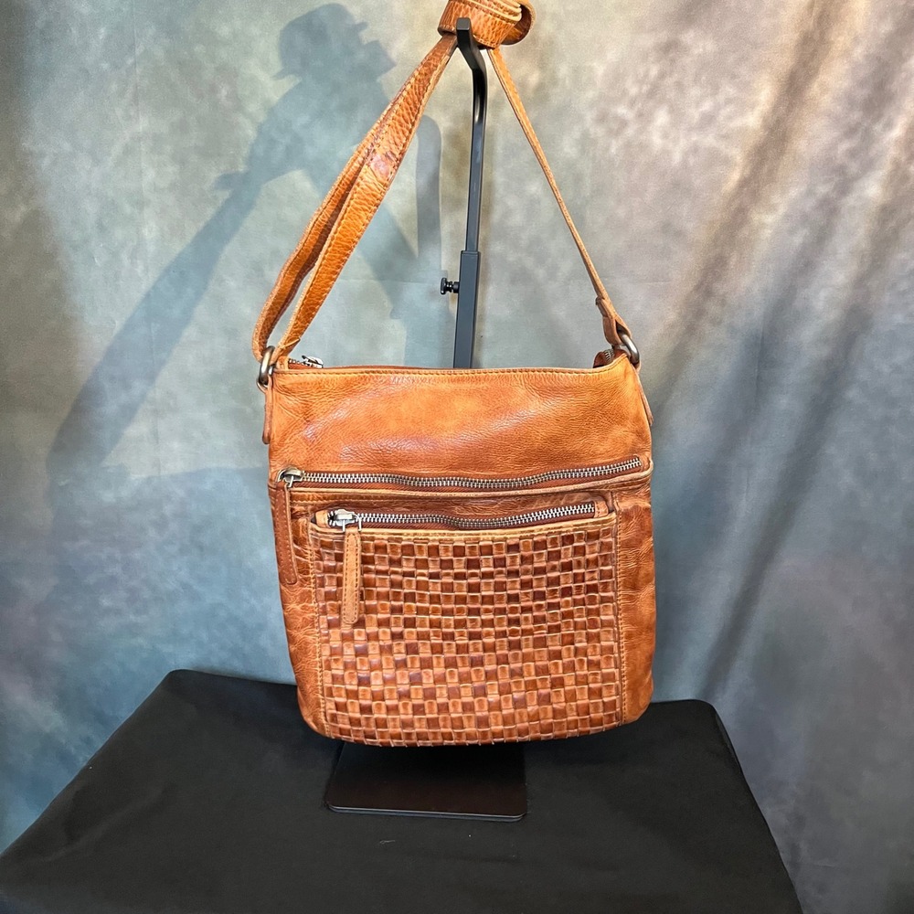 VALENCA‎ HOLLAND Tan Leather Woven Crossbody Shoulder Bag
